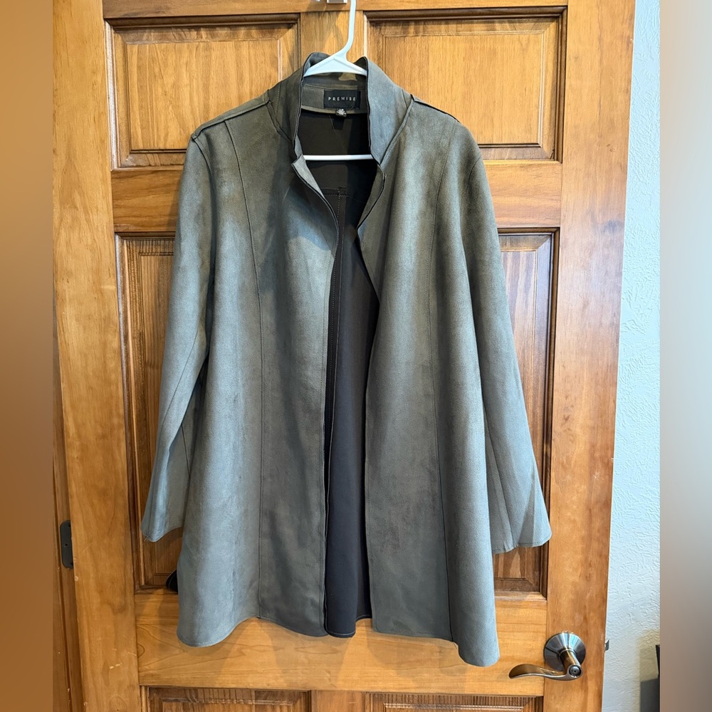 Premise Women's Olive Suede-Look Open Front Trench Jacket